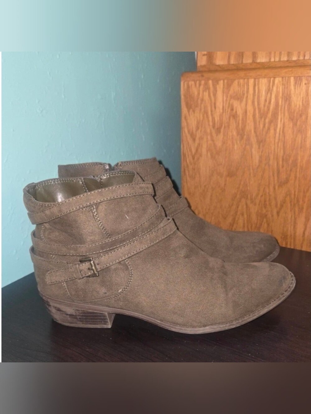 JustFab Taupe Suede Ankle Booties with Buckle Strap